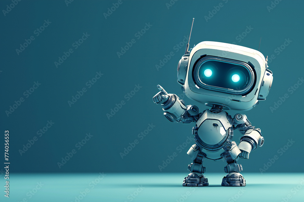 Positive cute robot pointing at a space. Copy space Positive cute robot pointing at a space. Copy space