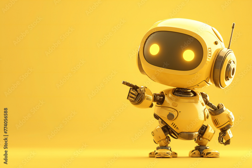 Positive cute robot pointing at a space. Copy space Positive cute robot pointing at a space. Copy space
