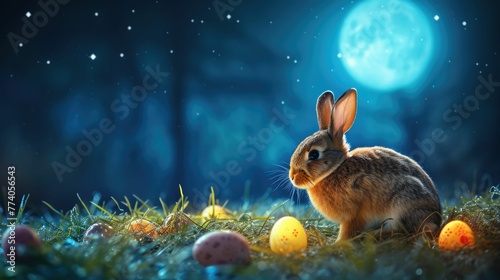 A Mountain Cottontail rabbit is resting in the grass with Easter eggs in front of a full moon AIG42E