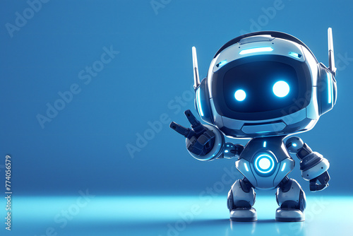 Positive cute robot pointing at a space. Copy space