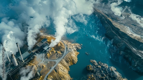 A panoramic shot of a geothermal power plant nestled in a geologically active region, steam rising from the earth as it's harnessed for clean energy, illustrating the diversity of renewable energy sou photo