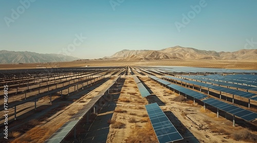 An expansive view of a desert solar farm, where rows upon rows of solar panels stretch towards the horizon, a testament to the adaptability of renewable energy solutions in various environments.