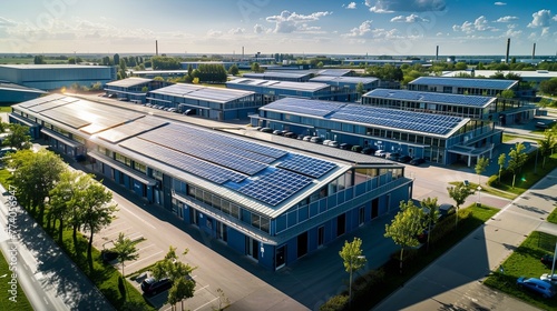 An industrial complex with a green twist, its buildings and parking canopies covered in solar panels, demonstrating the role of renewable energy in reducing the carbon footprint of manufacturing.