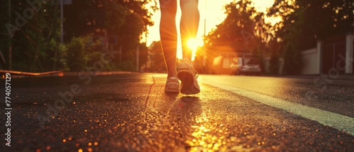 Running on pavement at sunrise or sunset - healthy lifestyle concept toned with vintage Instagram filter effect with inspirational quote added as a meme photo