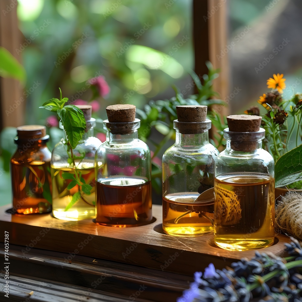 Essential Oils and Herbs on Wooden Surface Essential Oils and Herbs on Wooden Surface