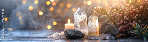 Crystal Healing Energy with Candle and Plants photo