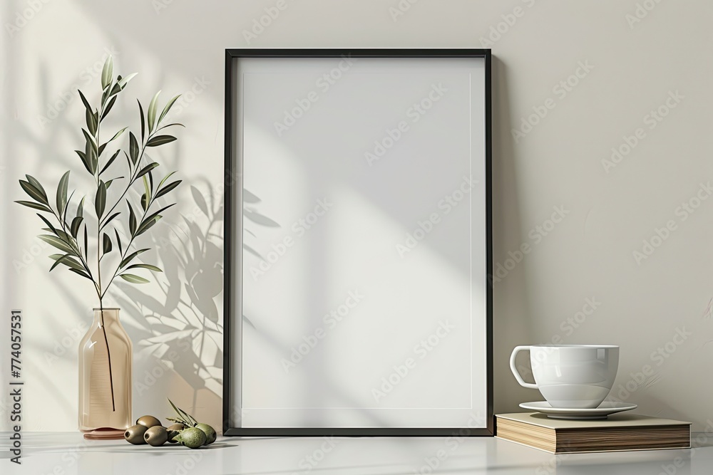 Minimalistic Vertical Poster Frame Mockup with Olive Branches and Books