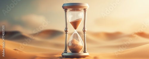 Hourglass with sand inside with desert background, banner time concept. Generative Ai. © annamaria