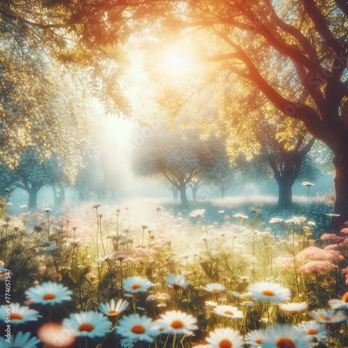 Beautiful blurred spring background nature with blooming glade chamomile  trees and blue sky on a sunny day generated by ai