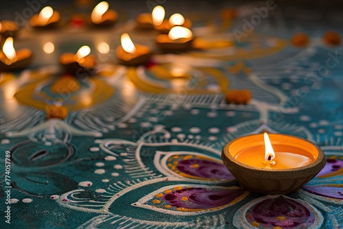 Lively Diwali celebration with intricate rangoli designs and diyas, Festive Diwali celebration adorned with intricate rangoli designs and glowing diyas
