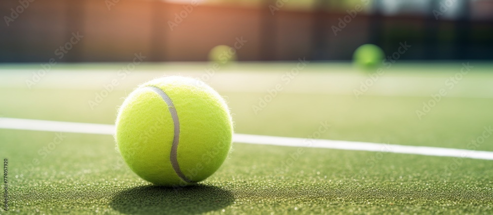 A bright yellow tennis ball is lying on the green tennis court with a blurred background of spectators and players in motion
