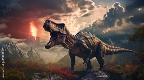 A dinosaur in a prehistoric environment with volcanoes and clouds in nature at sunset. The world of the Jurassic Period  Primitive Living creatures  Animals living Many centuries before our era.