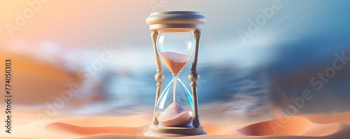 Hourglass with sand inside with desert background, banner time concept. Generative Ai.
