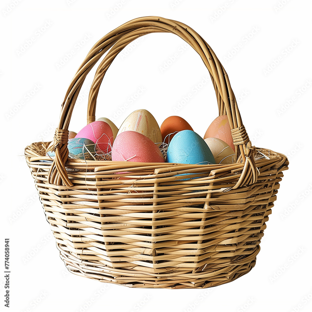 Brown wicker basket with handle with colorful Easter eggs on a white background
