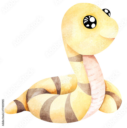 Cartoon snake yellow.Hand painted watercolor.Cute animal. © joy8046