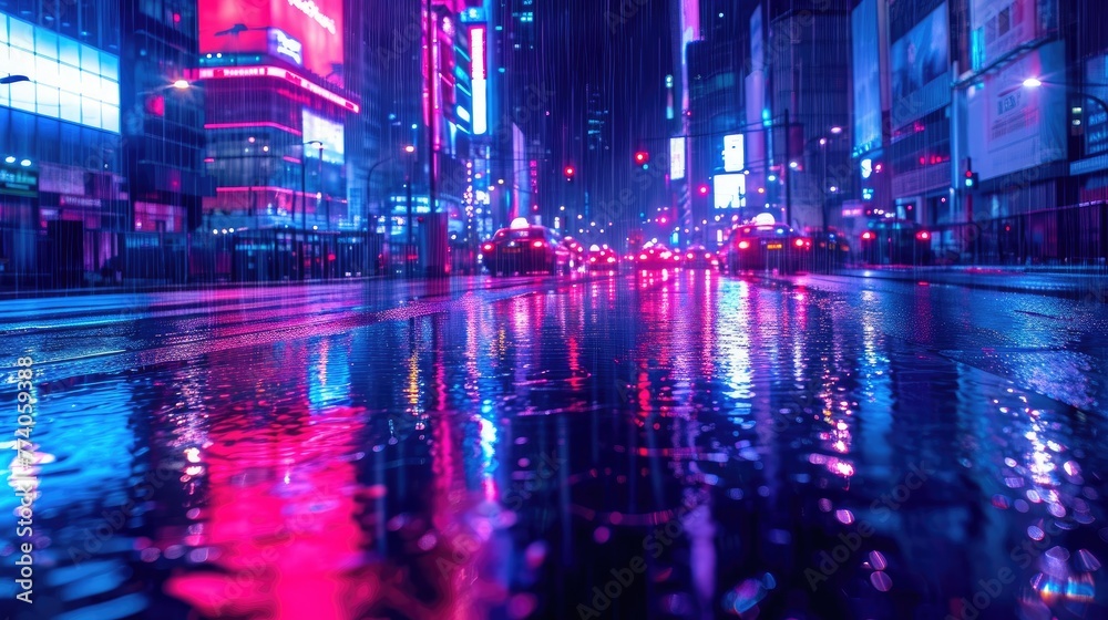 Neon cityscape with reflections on a rainy night, Vibrant neon cityscape reflecting on a rainy night.