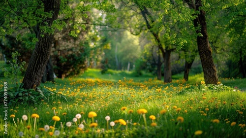 Beautiful spring natural background. Landscape with green grass with blooming dandelions and trees.