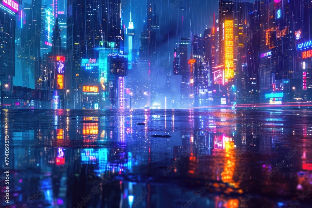 Neon cityscape with reflections on a rainy night, Vibrant neon cityscape reflecting on a rainy night. Neon cityscape with reflections on a rainy night, Vibrant neon cityscape reflecting on a rainy night.