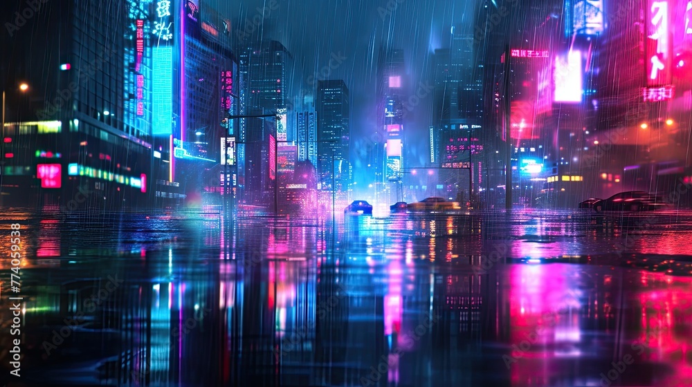 Neon cityscape with reflections on a rainy night, Vibrant neon cityscape reflecting on a rainy night.