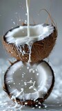 Milk pouring in half of coconut over white background