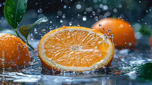 Fresh oranges with water splashes on a dark background.