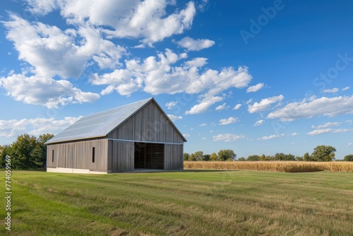 Modern agricultural barn with a yard of concrete slabs.