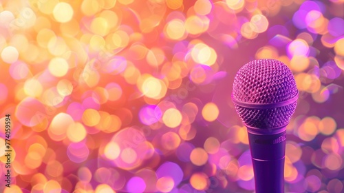 Microphone on stage with purple glitter light. Microphone for speech singing karaoke party