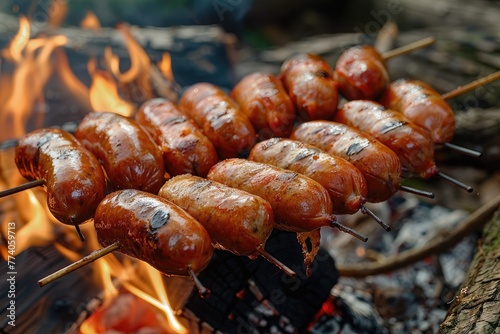 Roasted sausages on a stick over the open campfire. Outdoor food preparation.