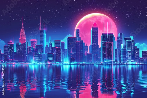 Neon city skyline with a mix of retro and modern elements  Dynamic neon city skyline blending retro and modern aesthetics.