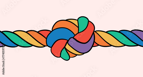 A coarse rope in the colors of the LGBT flag with a knot tied in the middle on an isolated background. Rainbow rope knot
