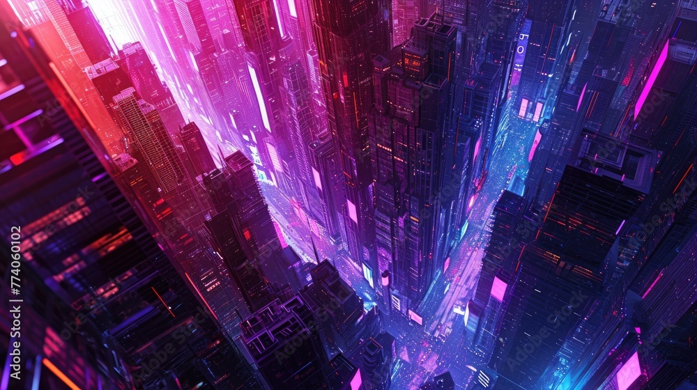 Neon-infused abstract cityscape with a surreal vibe, Surreal neon-lit abstract cityscape creating a mesmerizing atmosphere.