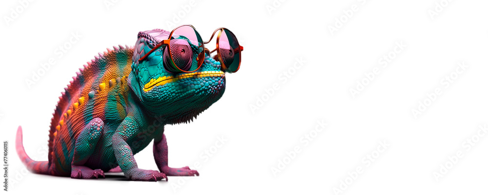 chameleon wearing sunglasses on a solid color background, vector art, digital art, faceted, minimal, abstract, panorama background PNG transparent. - obrazy, fototapety, plakaty 