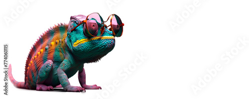 chameleon wearing sunglasses on a solid color background, vector art, digital art, faceted, minimal, abstract, panorama background PNG transparent.