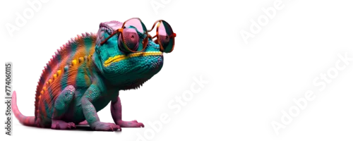 Obraz chameleon wearing sunglasses on a solid color background, vector art, digital art, faceted, minimal, abstract, panorama background PNG transparent.