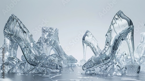 Many ice sculptures of high heels, studio background, high quality, high resulution, photo realism, 4k