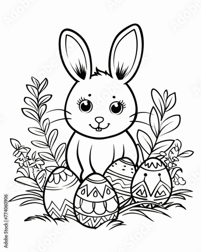 Easter bunny with eggs. Black and white vector illustration for coloring book.