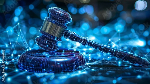 high tech blue Digital gavel surrounded by digital data on blue bokeh background , representing the role of AI in business justice. judge hammer. photo