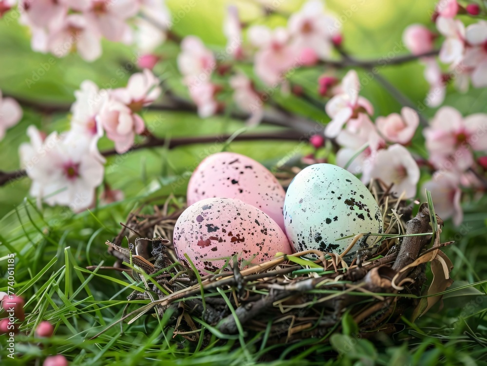 Easter eggs in nest on green grass with spring blossom background