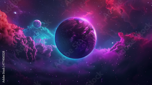 galaxy landscape with stars, purple fantasy planets in cosmos. Beautiful simple AI generated image in 4K, unique.