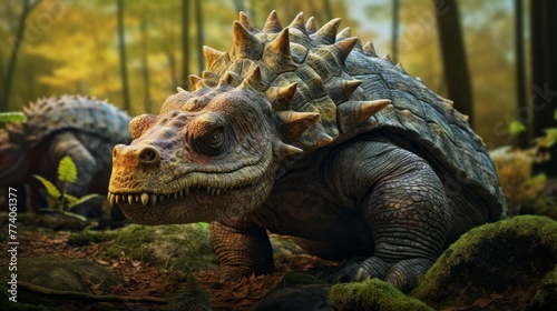 Close-up of ankylosaurus dinosaurs in nature. The world of the Jurassic Period, Primitive Living creatures, Animals living Many centuries before our era. © liliyabatyrova