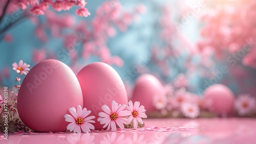 Easter eggs and spring flowers on a pink background with copy space