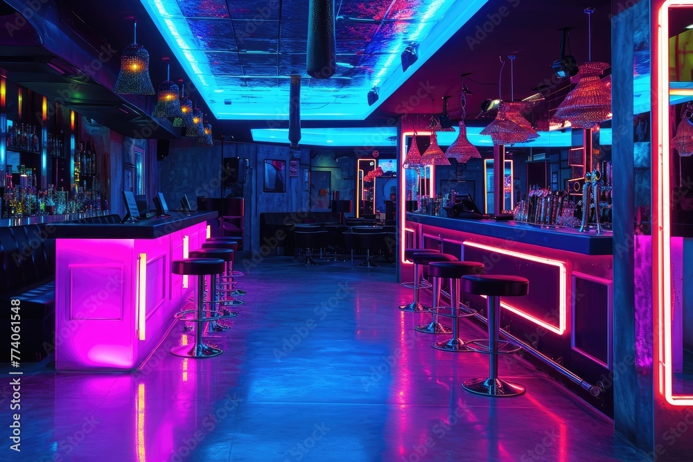 Neon-lit nightclub interior with a lively atmosphere, Vibrant nightclub interior adorned with neon lights, creating a lively ambiance. Neon-lit nightclub interior with a lively atmosphere, Vibrant nightclub interior adorned with neon lights, creating a lively ambiance.