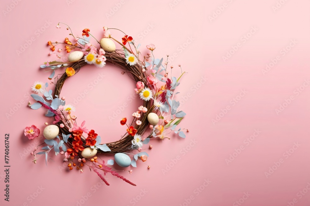Easter wreath with colorful eggs and flowers on a pink background