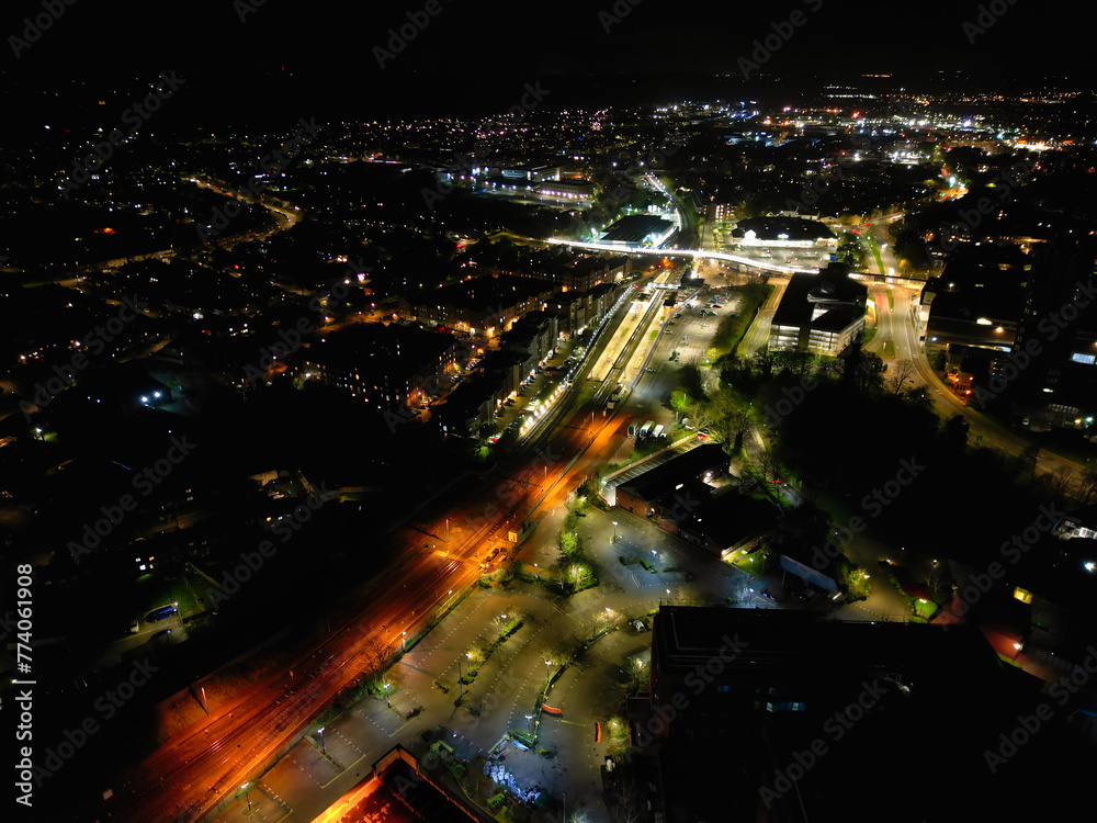 Aerial Night View of Illuminated Aylesbury Town Centre of England UK.