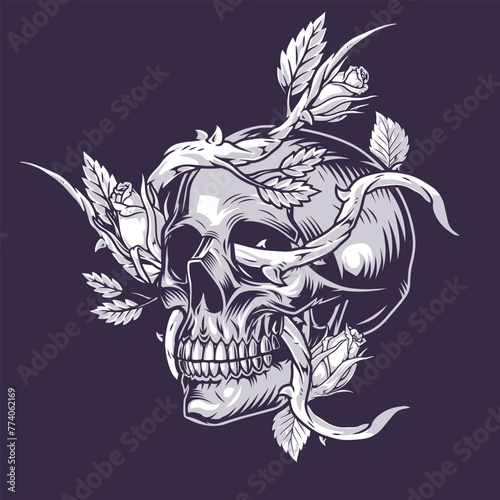 Floral skull vintage emblem monochrome