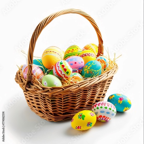 Easter basket with painted eggs isolated on white background, clipping path included