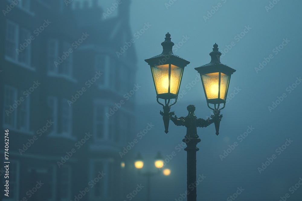 Random, charming street lamp barely visible in a dense fog, photorealistic depiction ,3DCG,clean sharp focus - obrazy, fototapety, plakaty 
