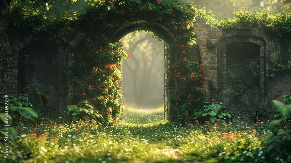 Naklejka premium Secret garden gate, overgrown and mysterious, photorealistic with vibrant, natural lighting ,3DCG,clean sharp focus