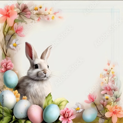 Easter background with Easter eggs, bunny, flowers and place for text photo