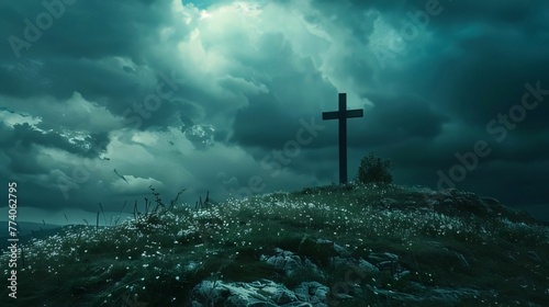 Dark stormy sky over the cross in the meadow. 3d render photo